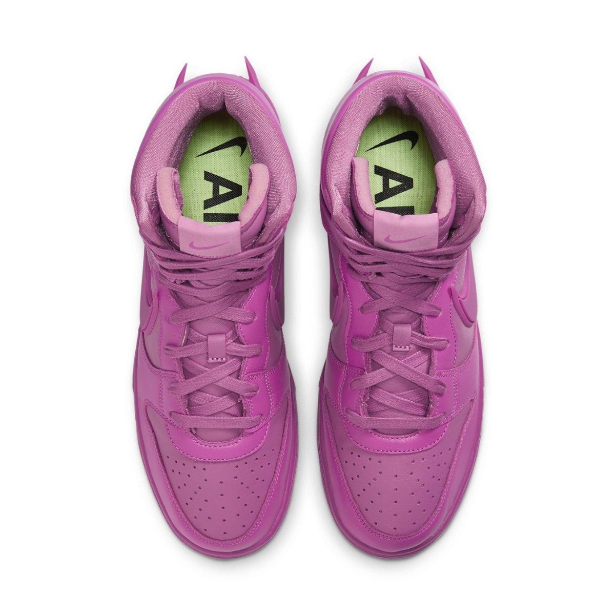 Nike Dunk High Ambush in Cosmic Fuchsia, featuring a vibrant pink leather upper and high tongue design.