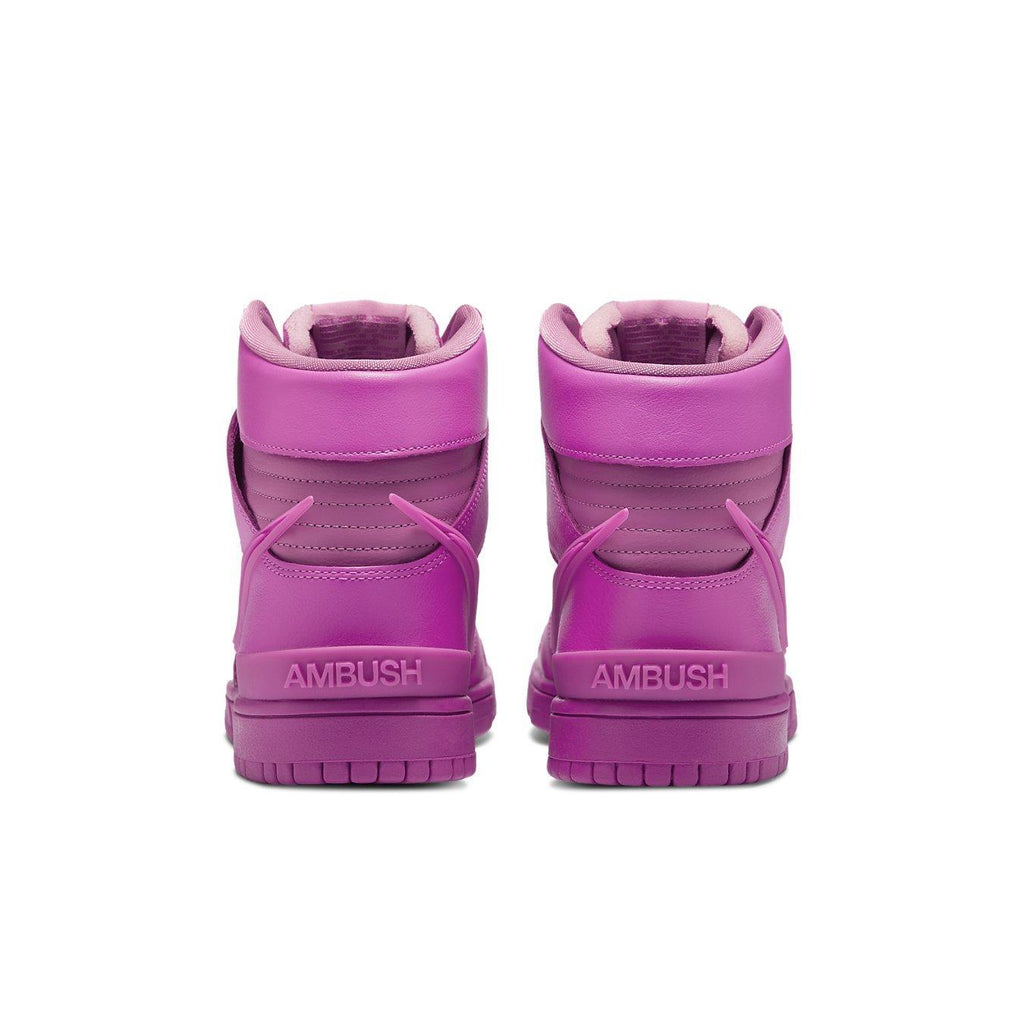 Nike Dunk High Ambush in Active Fuchsia, featuring a bold pink leather upper and elongated Swoosh design.