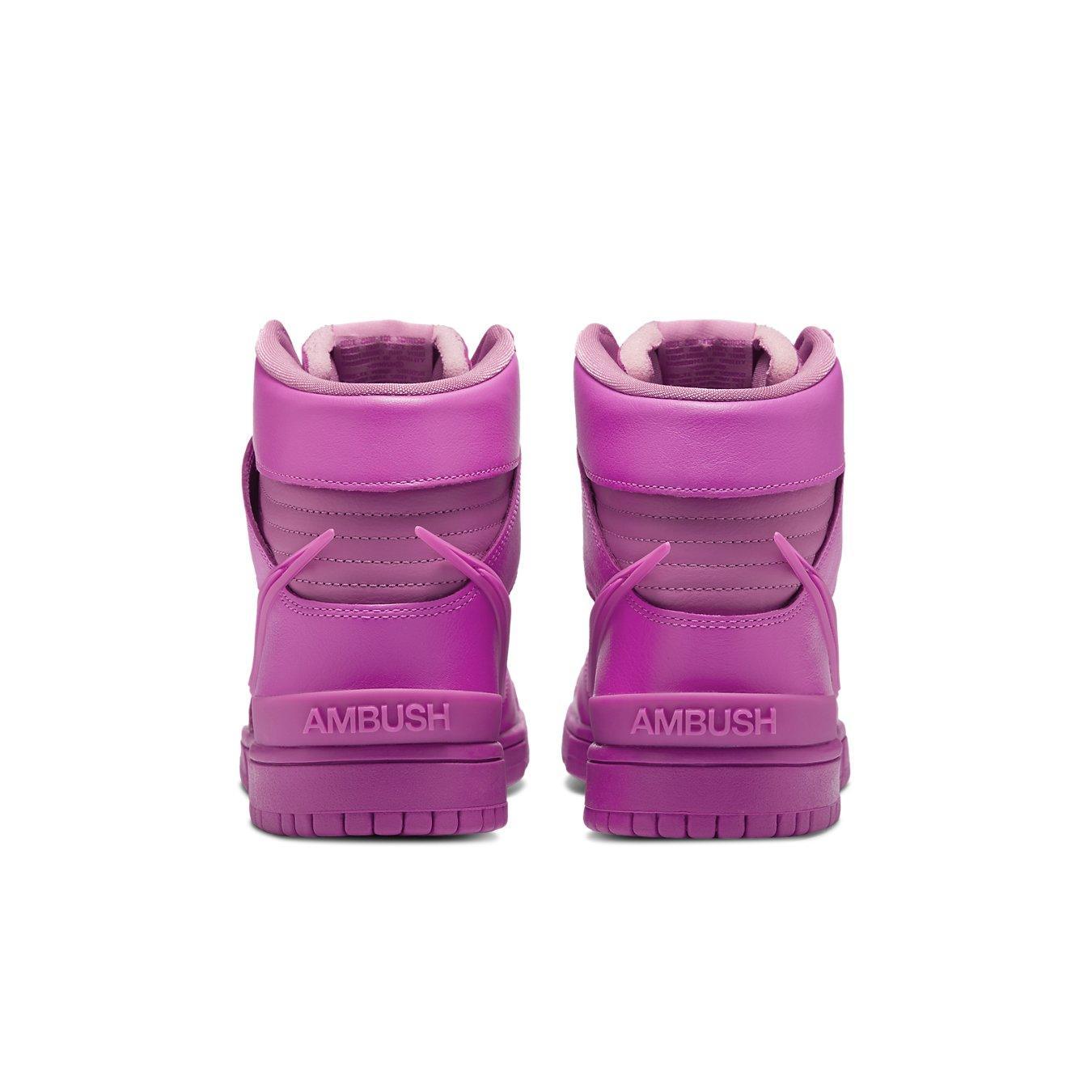 Nike Dunk High Ambush in Active Fuchsia, featuring a bold pink leather upper and elongated Swoosh design.