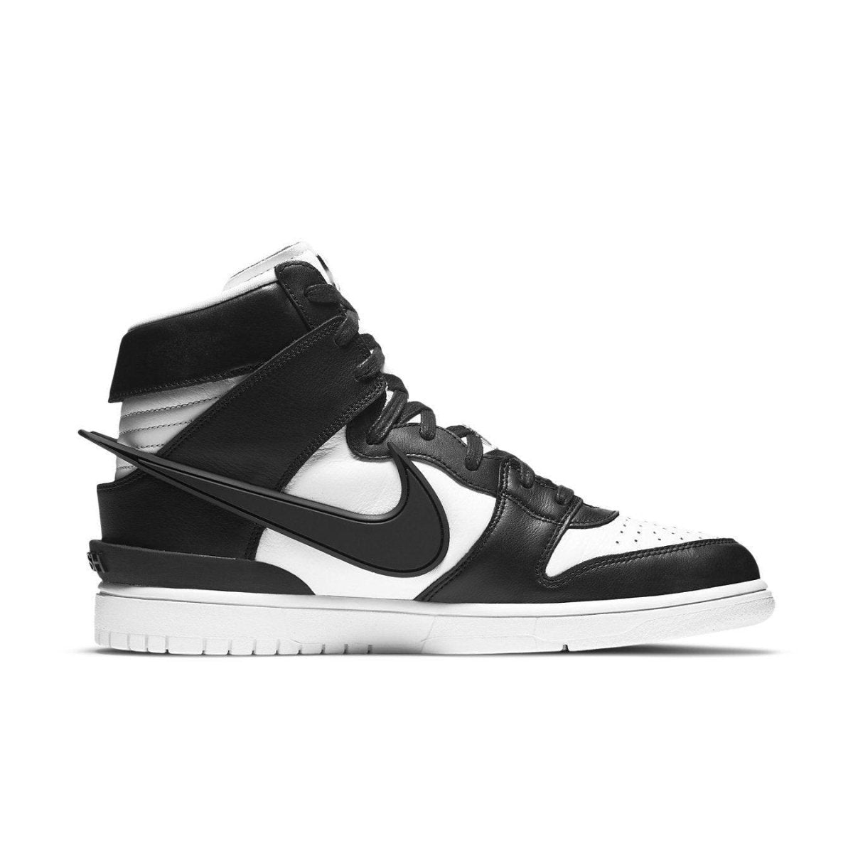 Nike Dunk High Ambush Black White sneaker featuring co-branding and bold design elements.