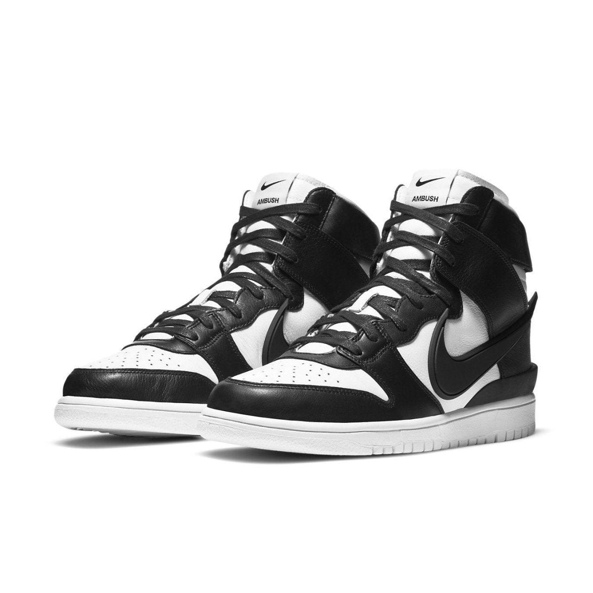 Nike Dunk High Ambush in black and white with co-branding details, showcasing a stylish design and modern aesthetics.
