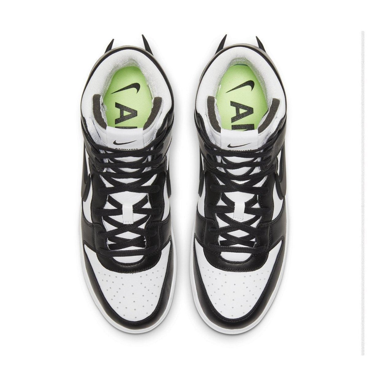 Nike Dunk High Ambush Black White top view showcasing co-branding and vibrant design elements.