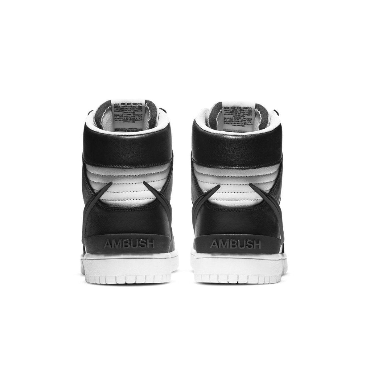 Nike Dunk High Ambush Black White sneakers back view with co-branding details.