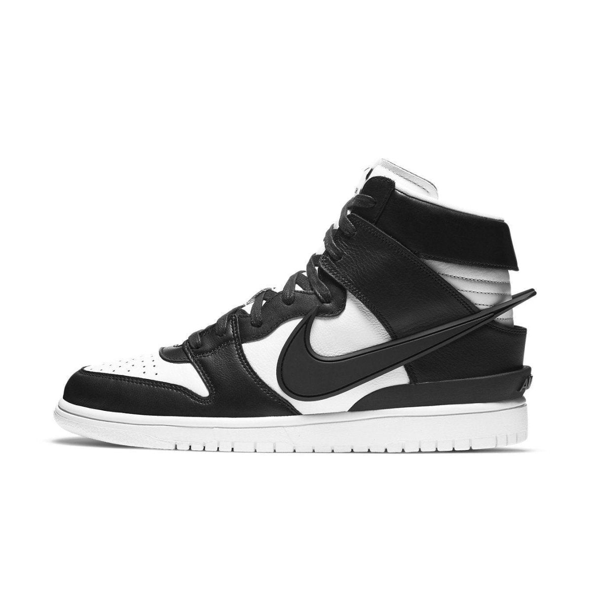 Nike Dunk High Ambush Black White sneaker showcasing co-branding with AMBUSH, featuring bold black and white design.