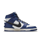 Nike Dunk High AMBUSH Deep Royal in blue and white leather with large black Swoosh and unique design.