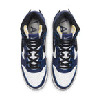 Top view of Nike Dunk High AMBUSH Deep Royal featuring white leather and blue overlays with a bold black Swoosh.