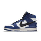 Nike Dunk High AMBUSH Deep Royal with blue overlays and black Swoosh, featuring a leather upper and stylish design.