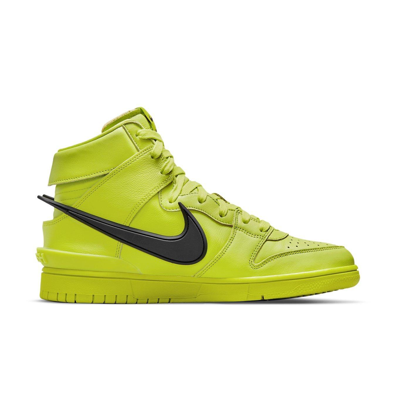 Nike Dunk High AMBUSH Flash Lime sneaker in vibrant yellow/green with black detailing.