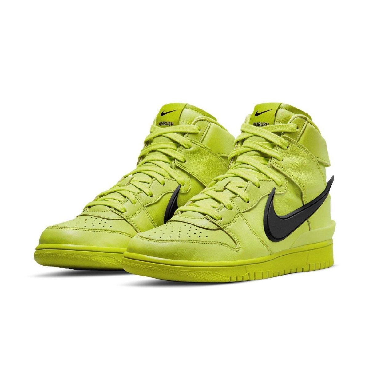 Nike Dunk High AMBUSH Flash Lime sneaker in vibrant yellow-green with black swoosh, stylish and eye-catching.