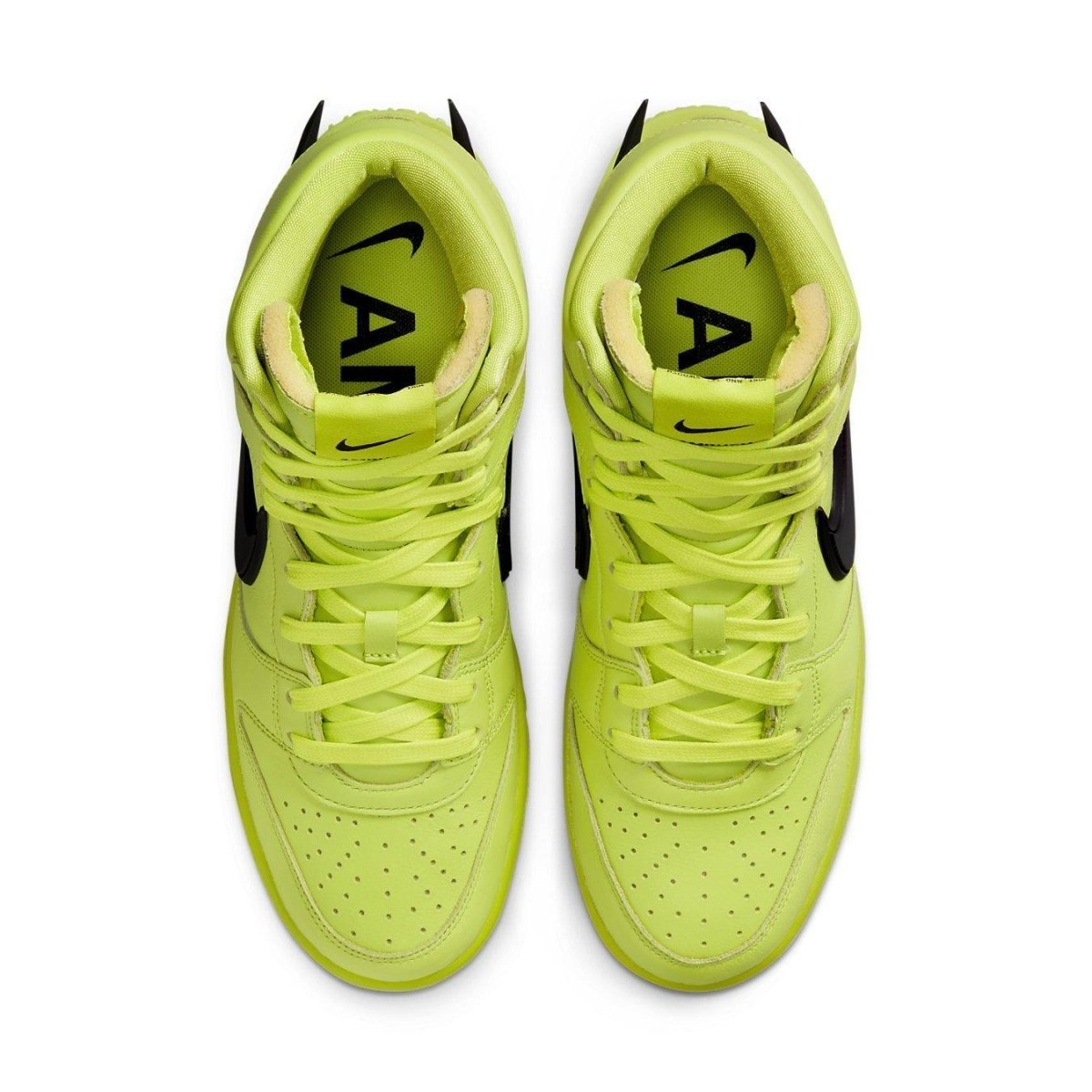Nike Dunk High AMBUSH in vibrant Flash Lime color with black accents, top view showcasing striking design.