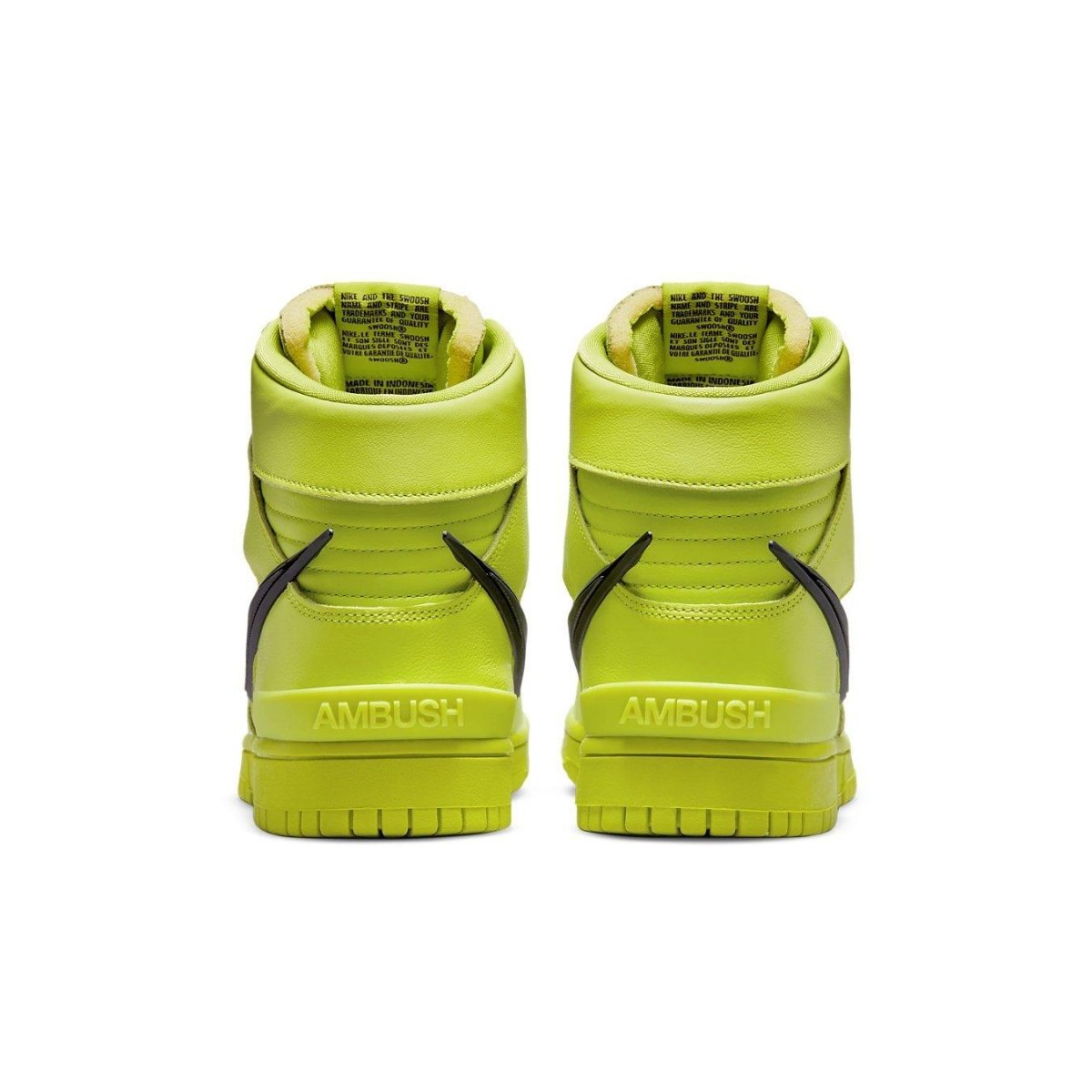 Nike Dunk High AMBUSH in Flash Lime colorway, showcasing vibrant yellow-green upper detail from the back.