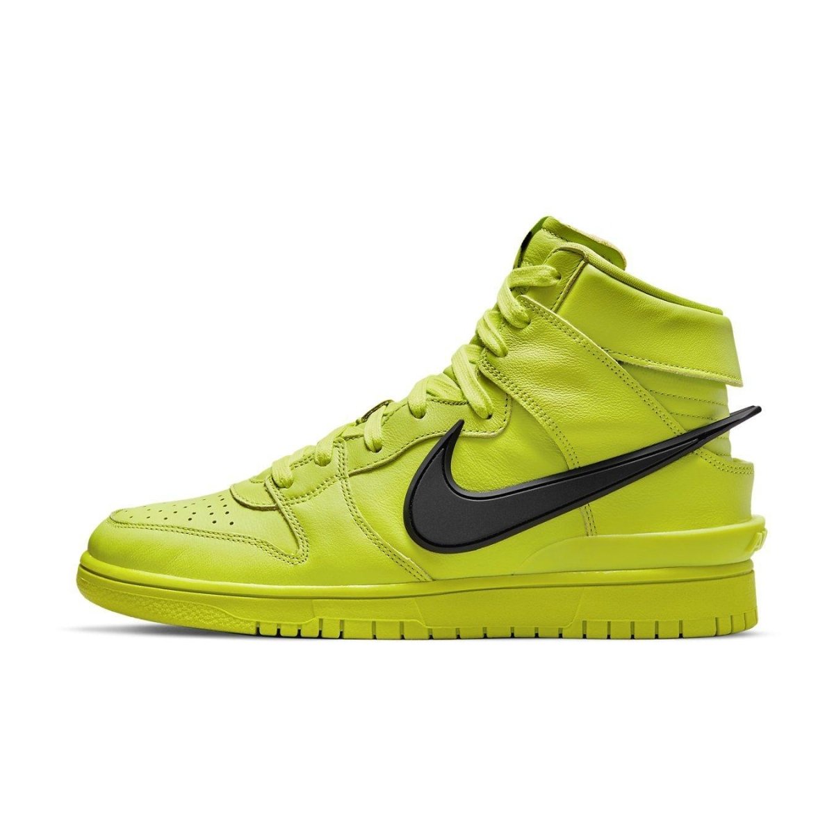 Nike Dunk High AMBUSH in vibrant Flash Lime with black Nike swoosh, showcasing a bold streetwear style.
