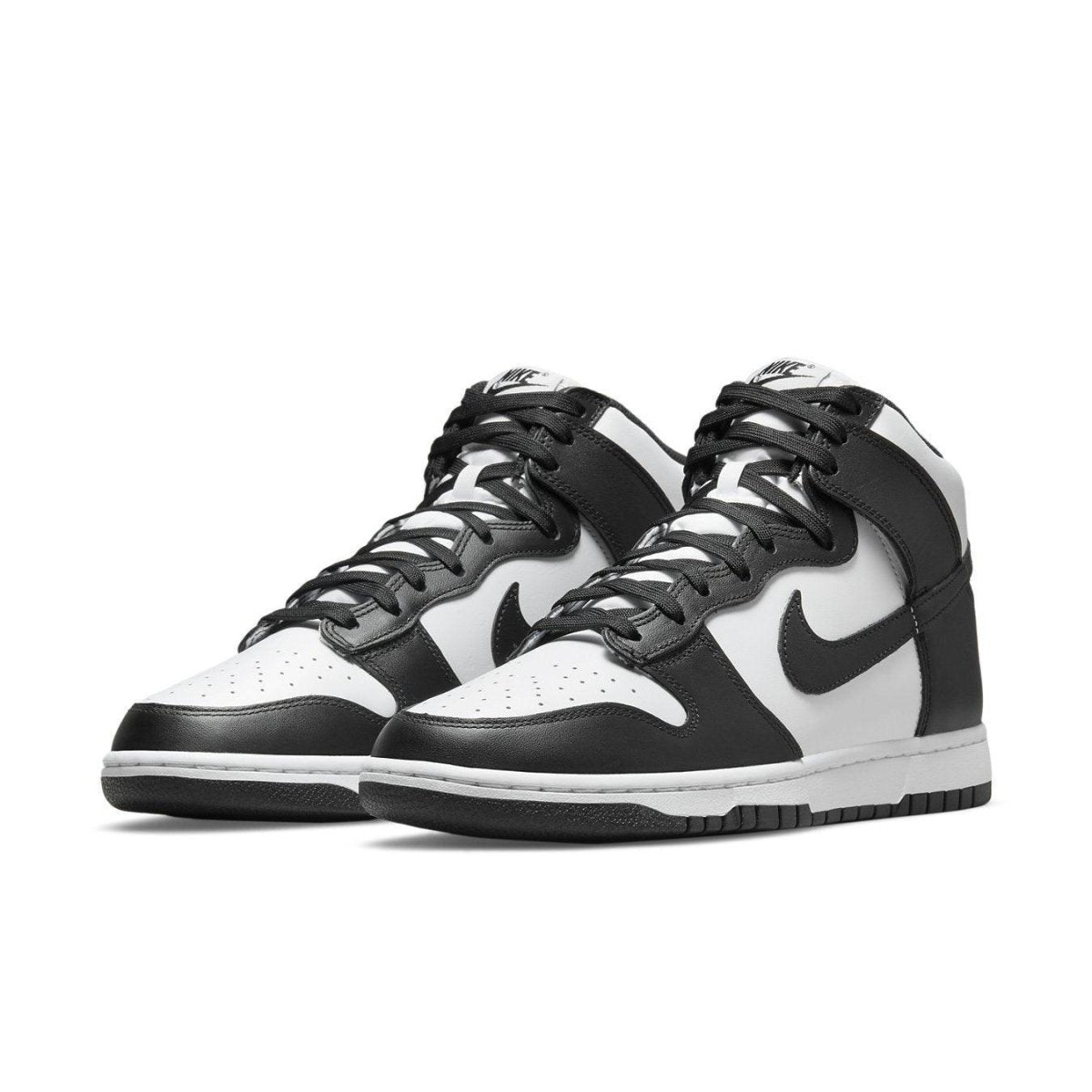 Nike Dunk High Black White 2021 sneakers featuring premium leather panels and a stylish black and white colorway.