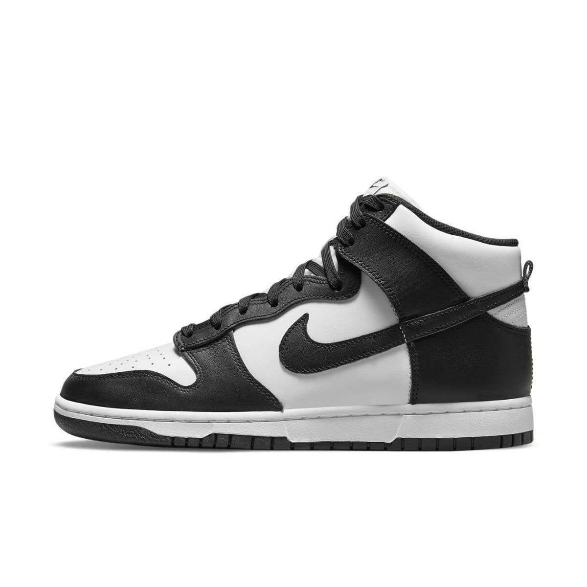 Nike Dunk High Black White 2021 sneaker featuring premium leather design with black and white color scheme.