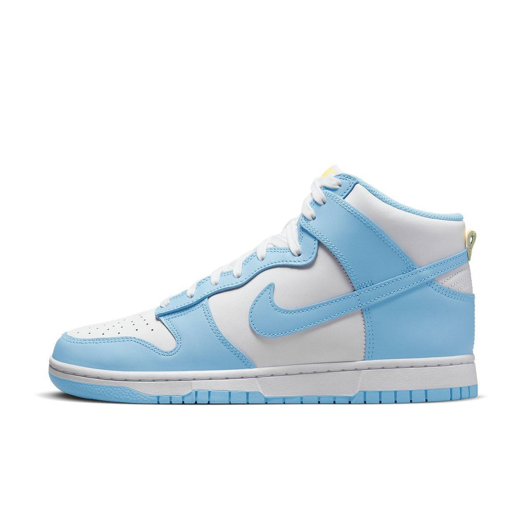 Nike Dunk High Blue Chill, featuring smooth leather, white and pastel blue colorway, and iconic Swoosh design.