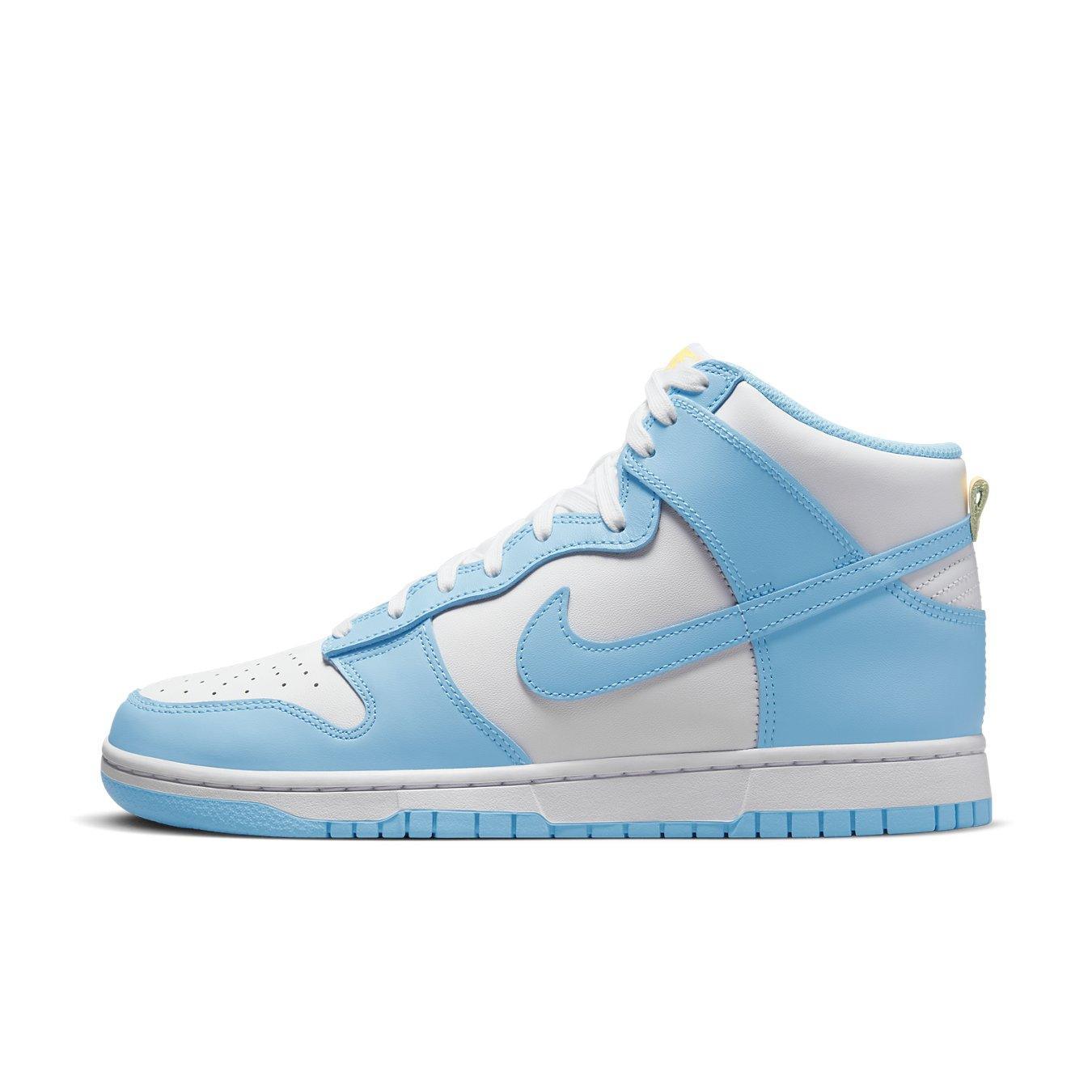 Nike Dunk High Blue Chill, featuring smooth leather, white and pastel blue colorway, and iconic Swoosh design.
