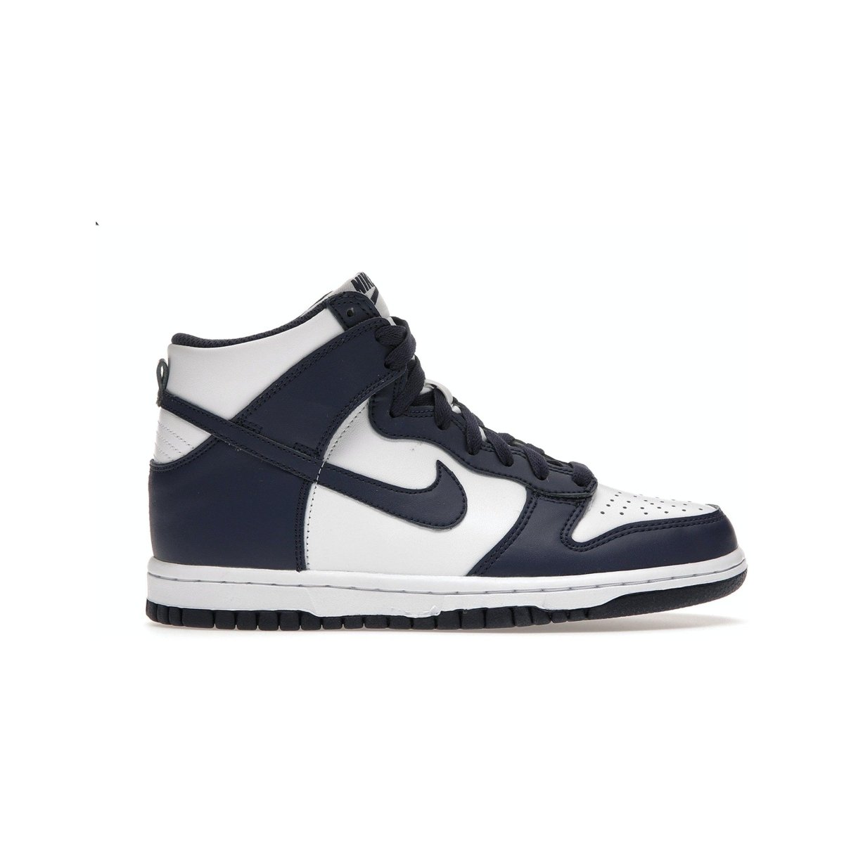 Nike Dunk High Championship Navy sneaker in white and navy leather with classic high-top design.