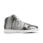 Nike Dunk High CLOT Flux sneakers in metallic silver with white laces and sole, showcasing innovative streetwear design.