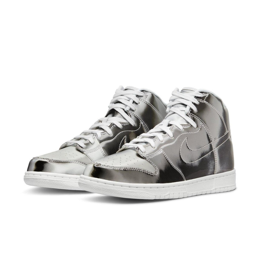 Nike Dunk High CLOT Flux in shiny metallic finish with white laces and sole.