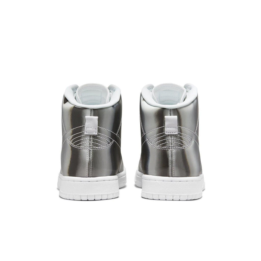 Nike Dunk High CLOT Flux silver back view with sleek design and padded collar for comfort.