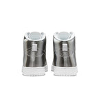 Nike Dunk High CLOT Flux silver back view with sleek design and padded collar for comfort.