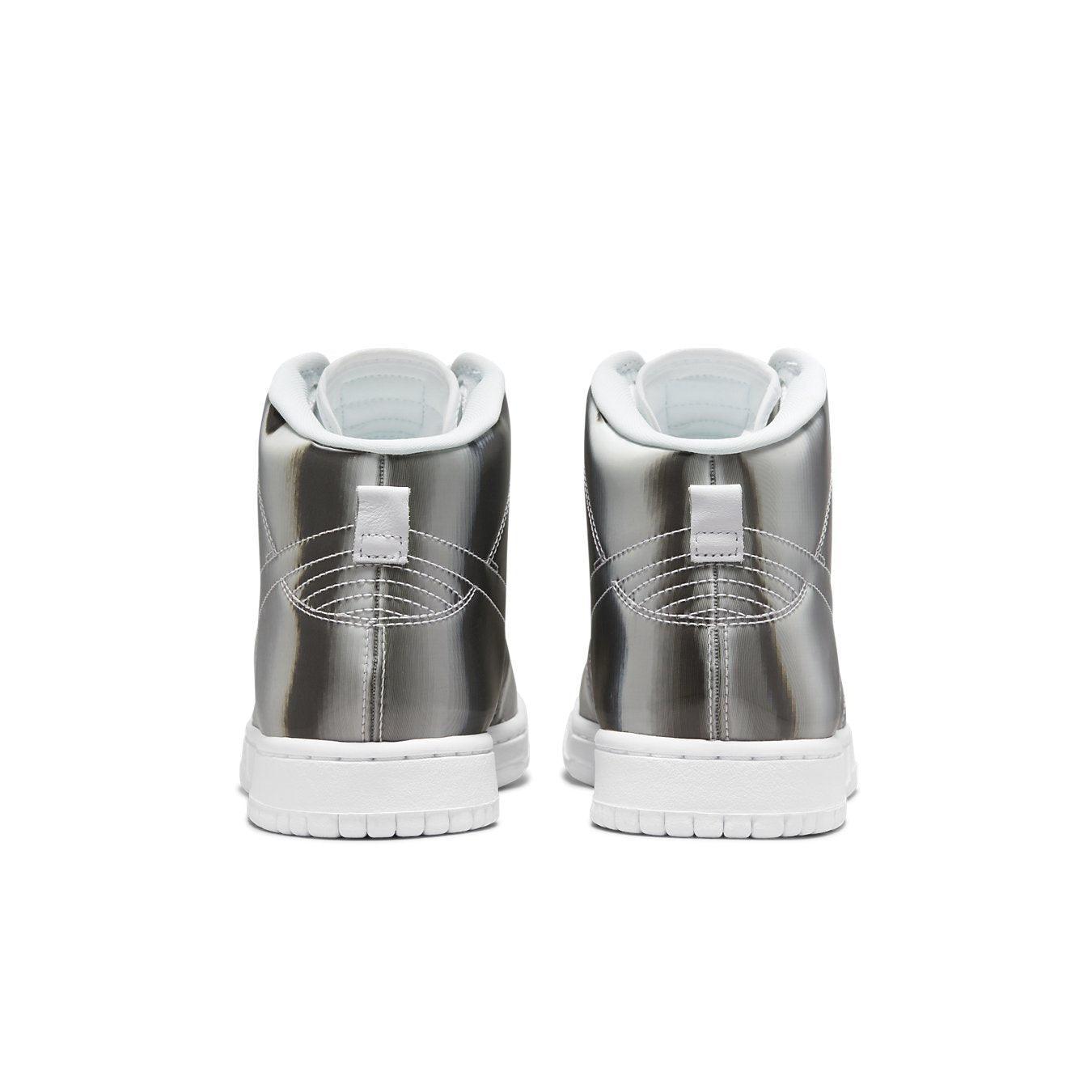 Nike Dunk High CLOT Flux silver back view with sleek design and padded collar for comfort.