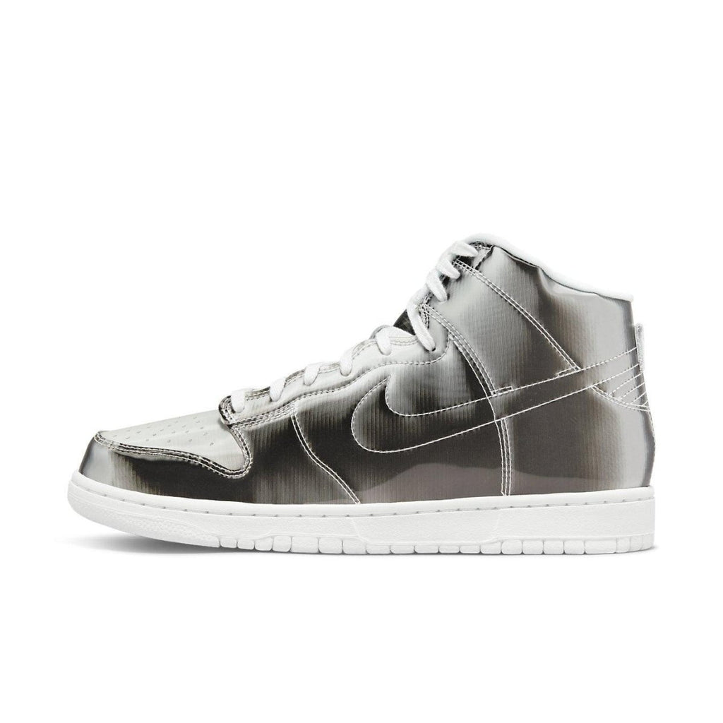 Nike Dunk High CLOT Flux in metallic silver, showcasing innovative streetwear design and modern style.