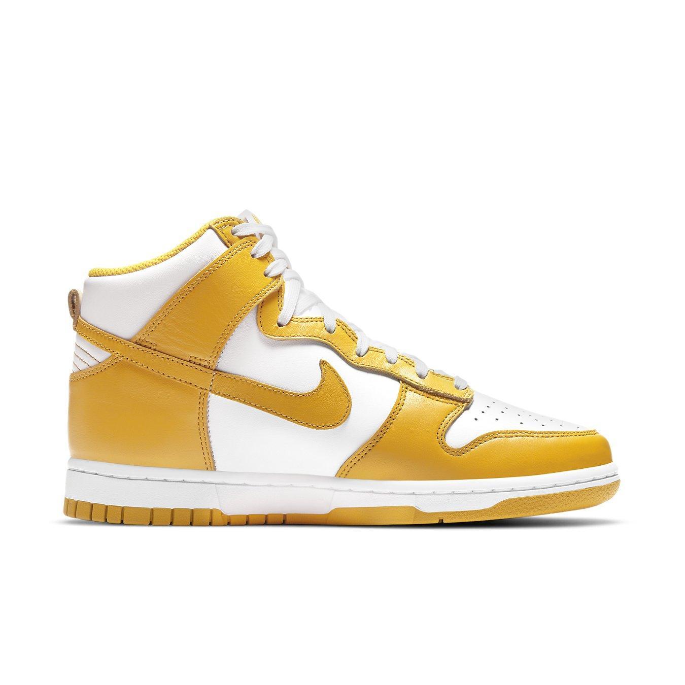 Nike Dunk High Dark Sulfur sneakers featuring white leather with yellow accents, perfect for stylish comfort.
