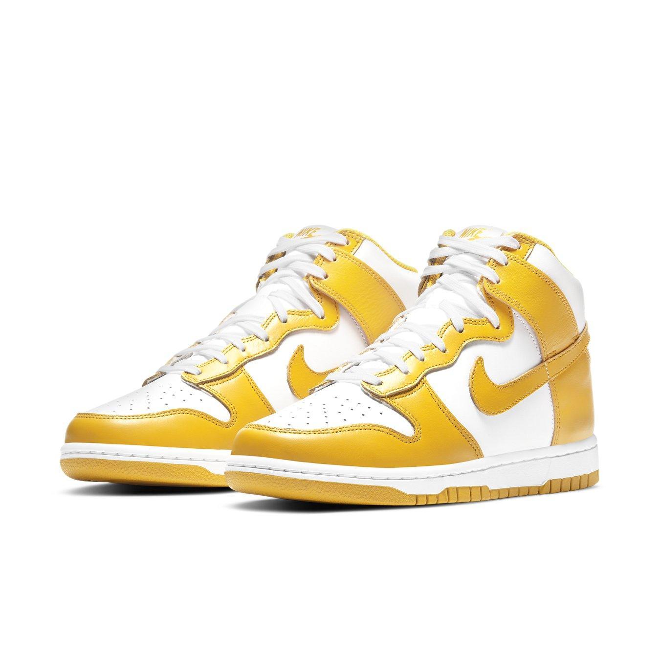 Nike Dunk High Dark Sulfur sneakers in white leather with yellow details and matching laces.