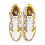Nike Dunk High Dark Sulfur Women’s sneakers in white and yellow with white laces and Nike branding on the tongue.