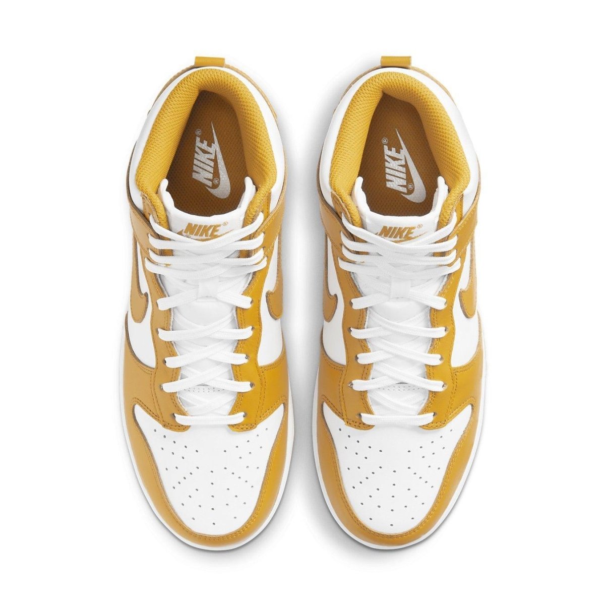 Nike Dunk High Dark Sulfur Women’s sneakers in white and yellow with white laces and Nike branding on the tongue.