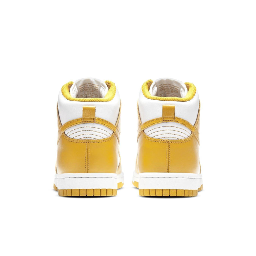 Nike Dunk High Dark Sulfur (W) sneaker rear view, featuring white leather and bright yellow accents.