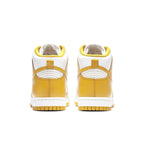 Nike Dunk High Dark Sulfur (W) sneaker rear view, featuring white leather and bright yellow accents.