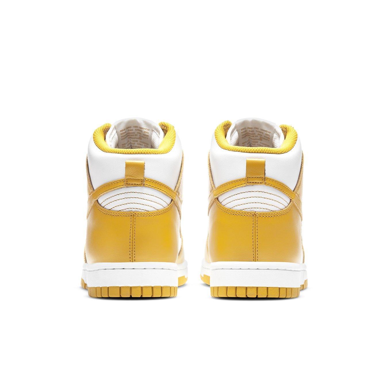 Nike Dunk High Dark Sulfur (W) sneaker rear view, featuring white leather and bright yellow accents.