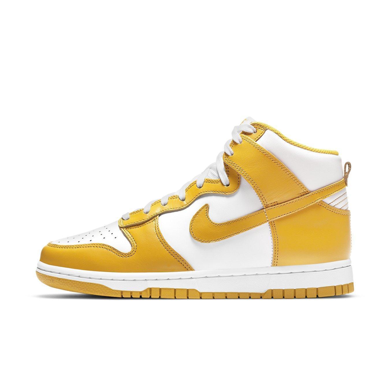 Nike Dunk High Dark Sulfur (W) featuring white leather with yellow details, lace, and a branded sole.