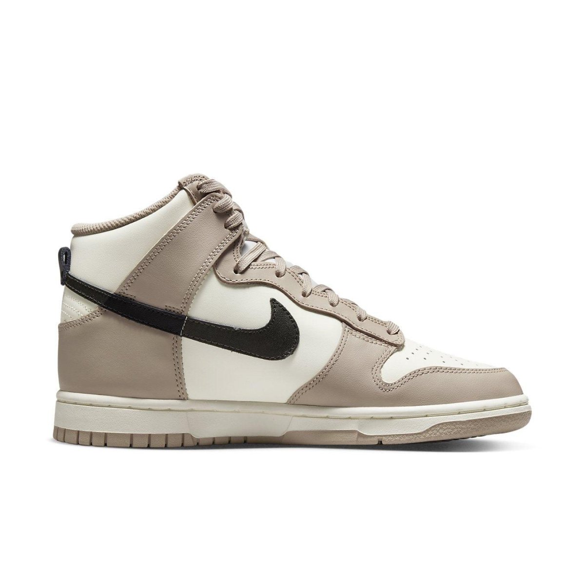 Nike Dunk High Fossil Stone women's basketball shoes featuring a beige and ivory leather design with black Swoosh.