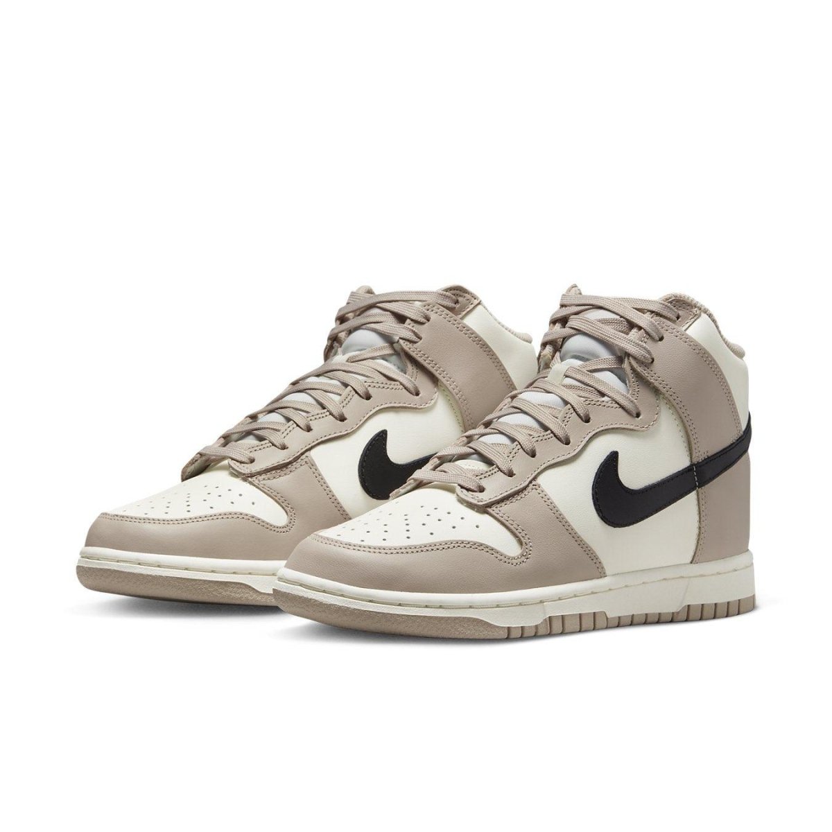 Nike Dunk High Fossil Stone women's shoes in beige and ivory with black Swoosh, stylish and timeless design.