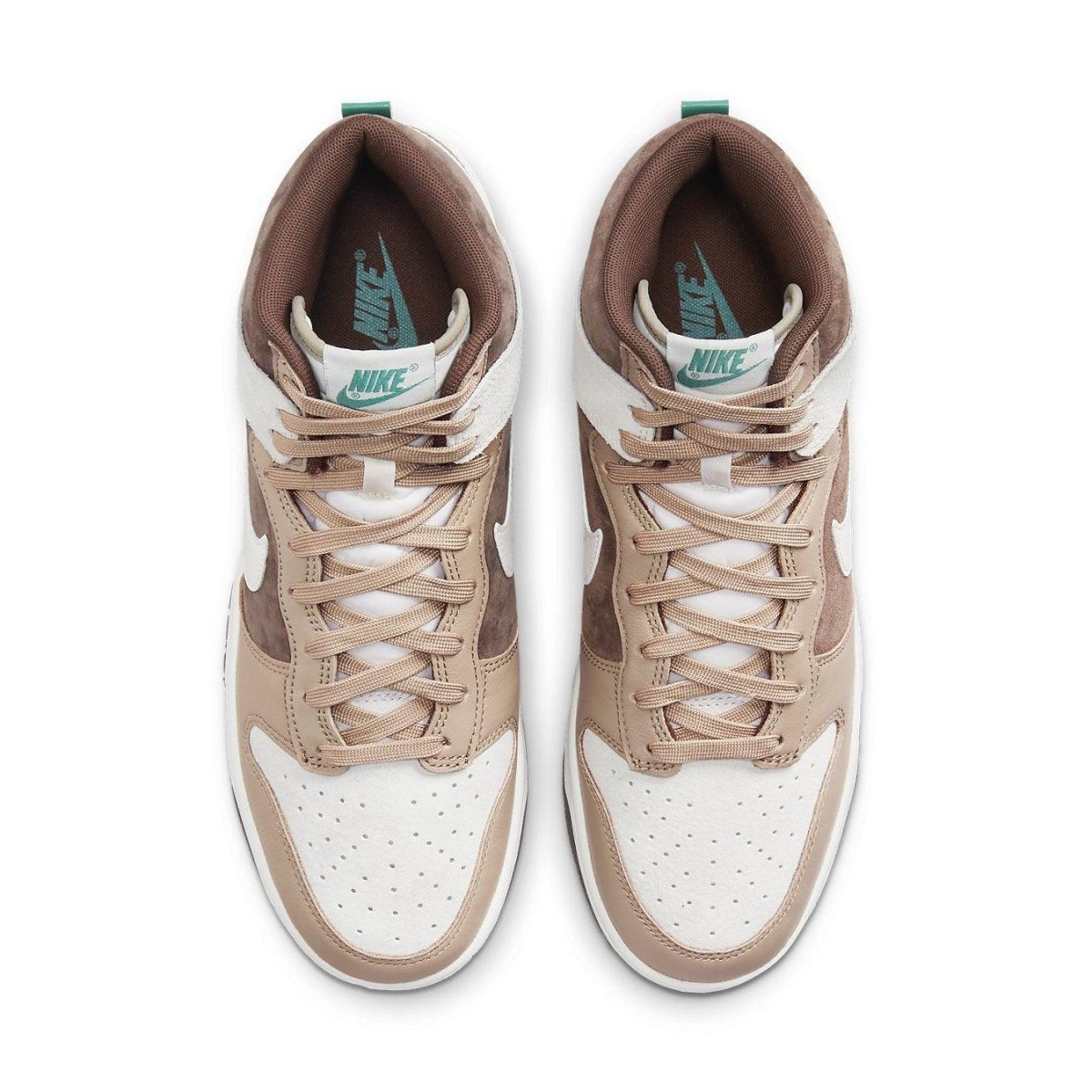 Nike Dunk High Light Chocolate sneakers in earthy tones with suede upper and perforated toe design.