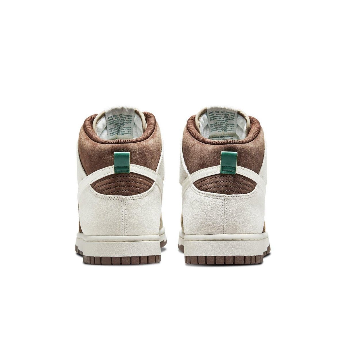 Nike Dunk High Light Chocolate rear view showcasing earthy tones and suede detailing.
