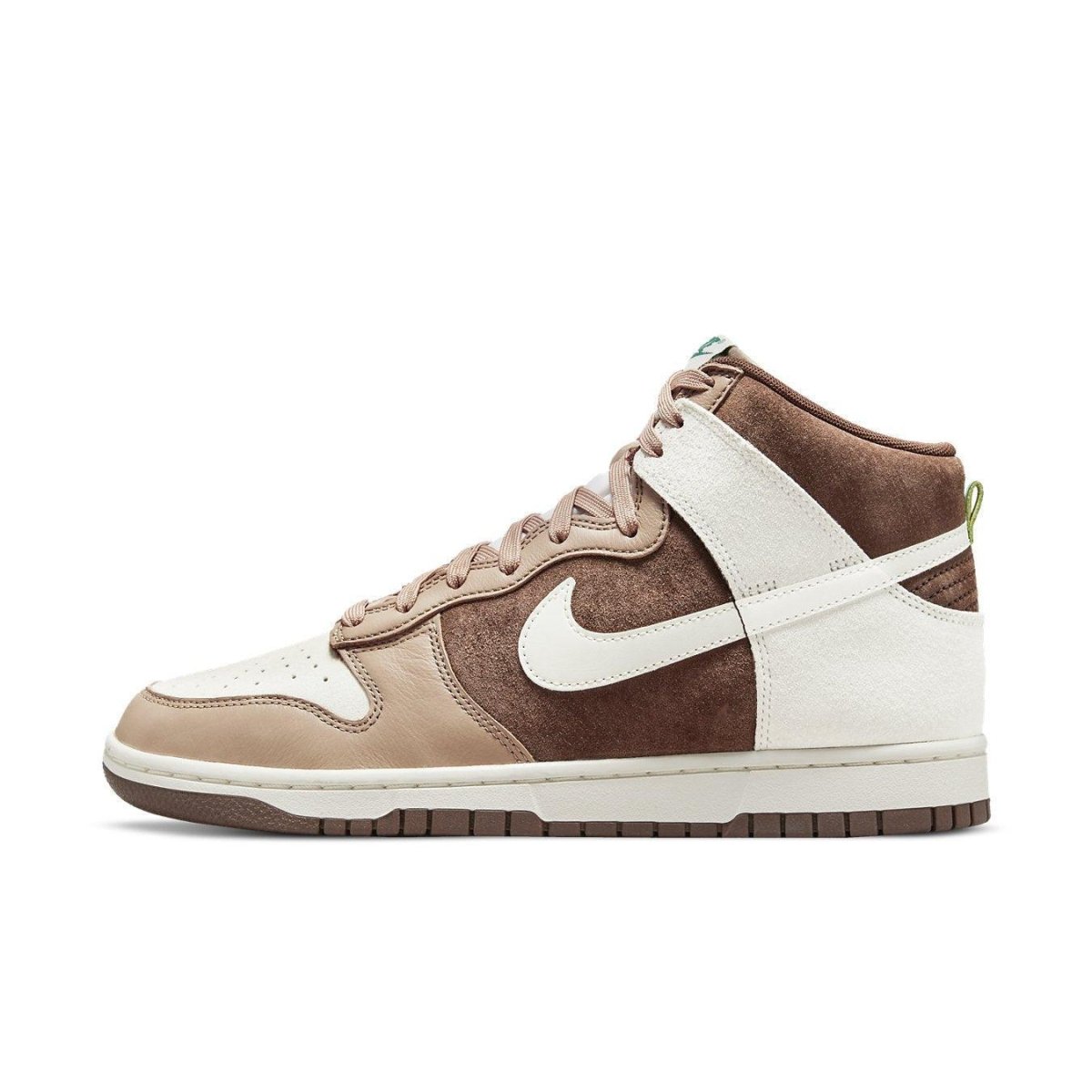 Nike Dunk High 'Light Chocolate' featuring suede and leather in earthy tones with a white Swoosh.