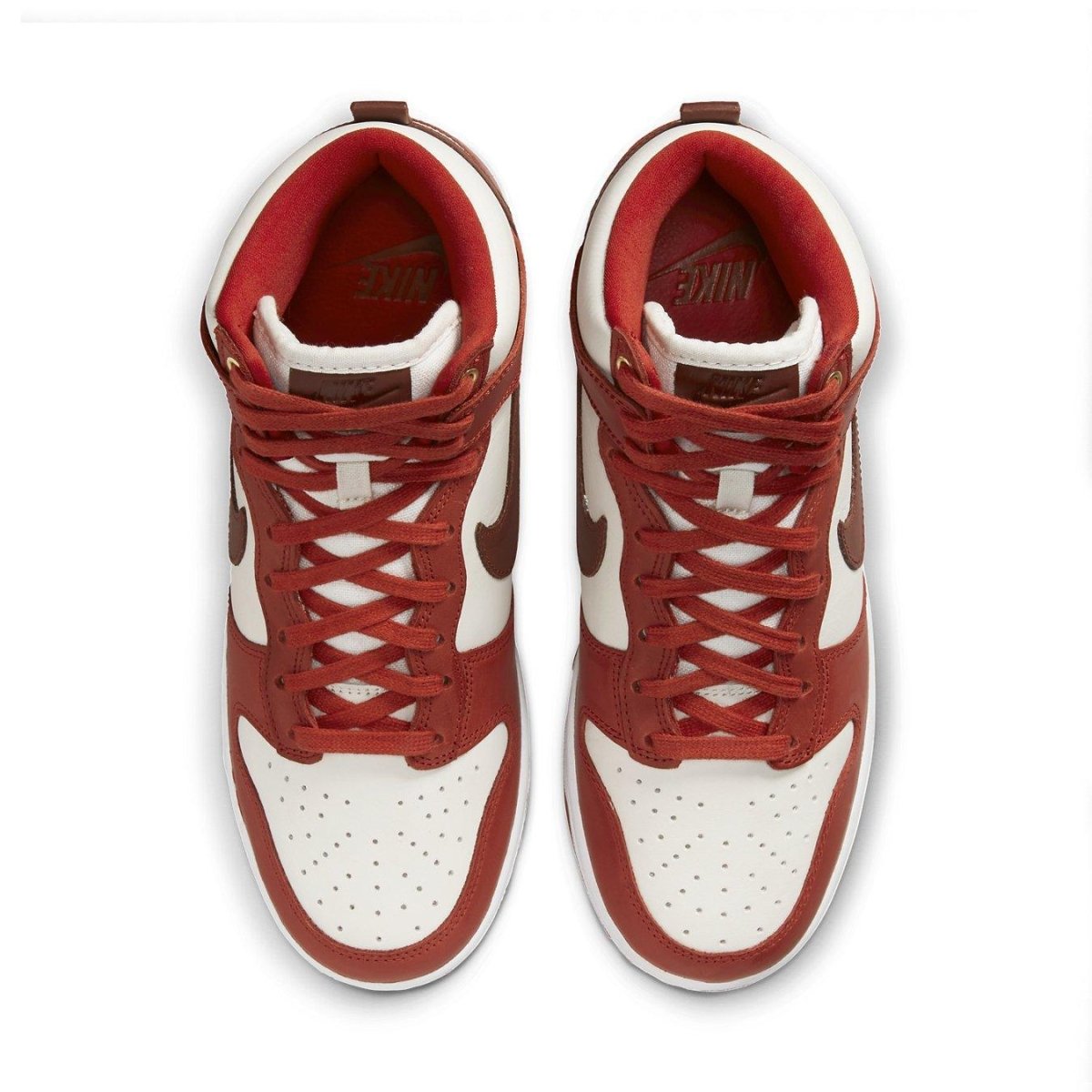 Nike Dunk High LXX Cinnabar Women's sneakers with red and white design from the top view.