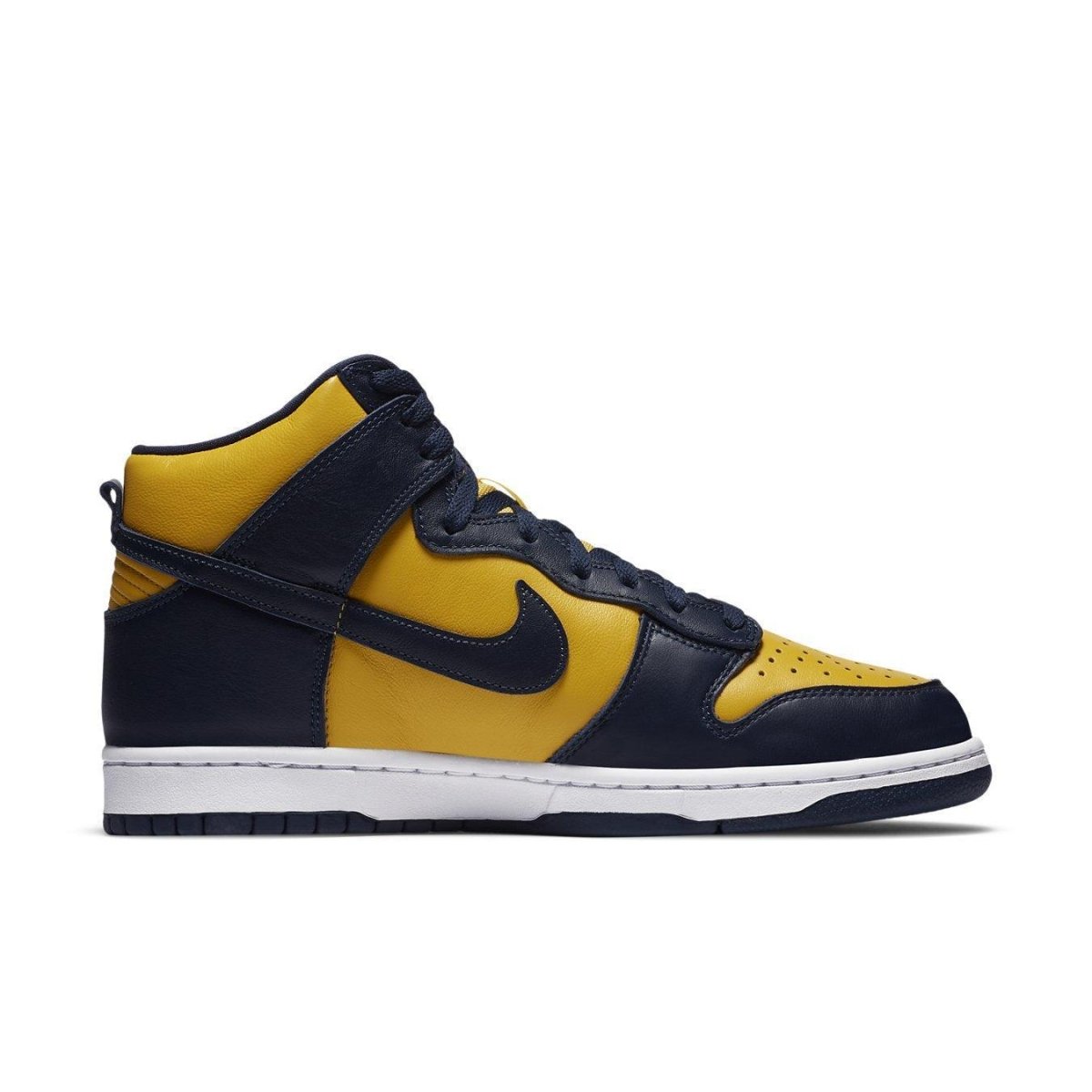 Nike Dunk High Michigan 2020 in yellow and navy blue, featuring leather upper and classic design.