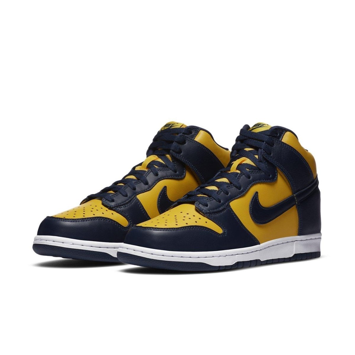 Nike Dunk High Michigan 2020 in yellow and navy blue leather, featuring flat laces and classic design.
