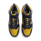 Nike Dunk High Michigan 2020 sneakers in yellow and navy blue, featuring perforated toe and flat laces.