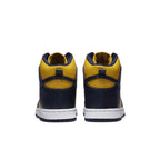 Nike Dunk High Michigan 2020 sneakers back view highlighting yellow leather and navy overlays.