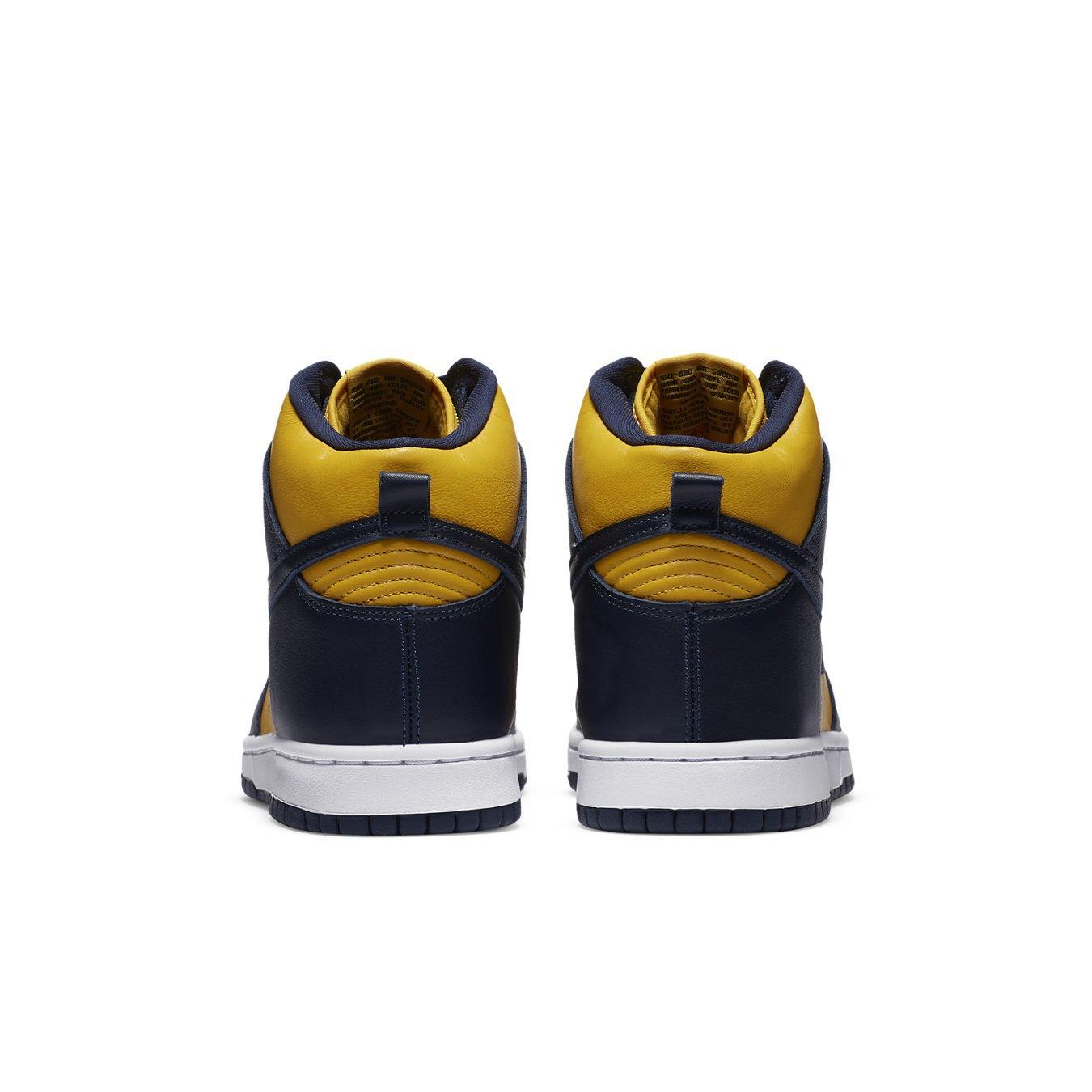 Nike Dunk High Michigan 2020 sneakers back view highlighting yellow leather and navy overlays.