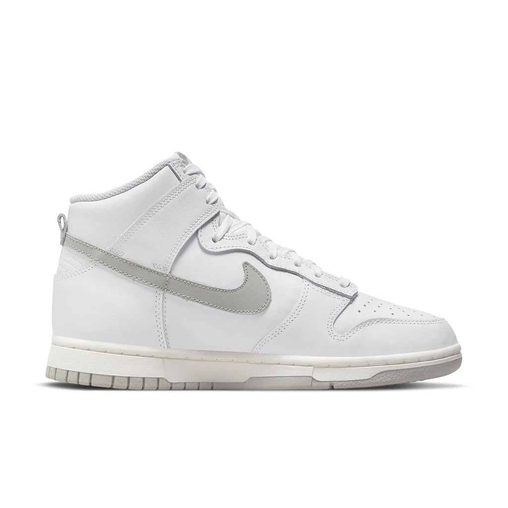 Nike Dunk High Neutral Grey Womens sneaker in white leather with pastel grey Swoosh and matching sole.