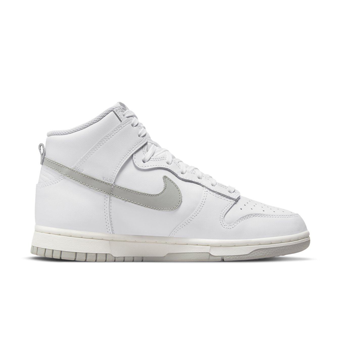 Nike Dunk High Neutral Grey Womens sneaker in white leather with pastel grey Swoosh and matching sole.