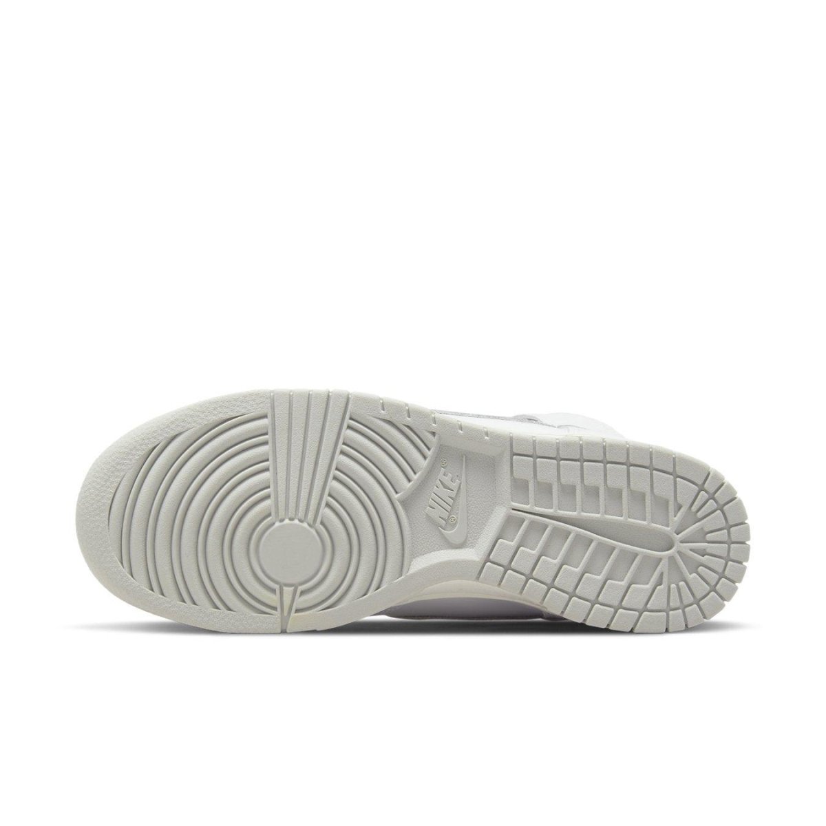 Sole view of the Nike Dunk High Neutral Grey Women's sneaker, showcasing its clean white outsole design.