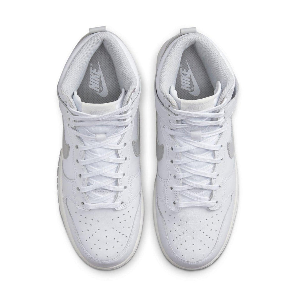 Nike Dunk High Neutral Grey Women's sneaker in smooth white leather with pastel grey Swoosh and matching sole.